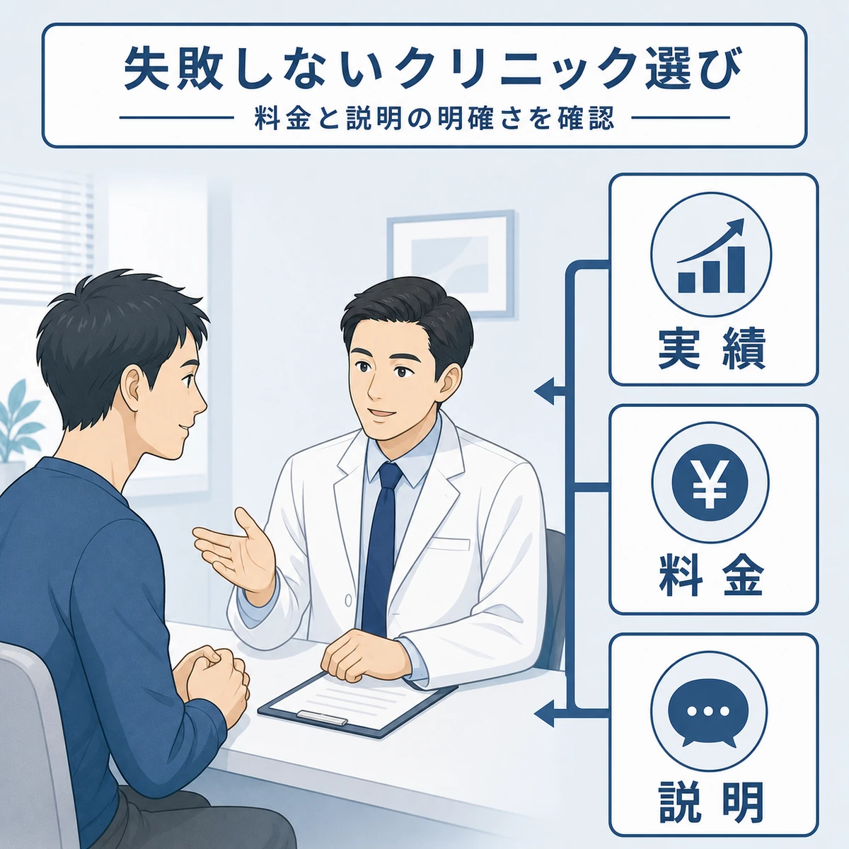 後悔しないAGAクリニック選びで確認したいポイントを表した医療イラスト