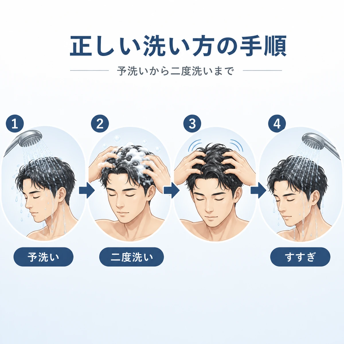 ワックスを使った日の予洗いから二度洗い・すすぎまでの手順を表した医療イラスト