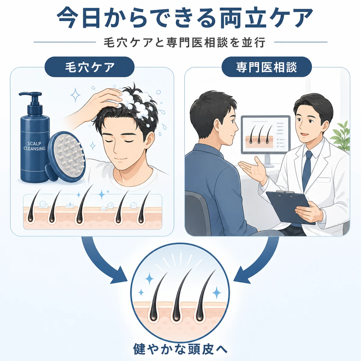 毛穴ケアと専門医相談を並行して健やかな頭皮をめざす流れを表した医療イラスト