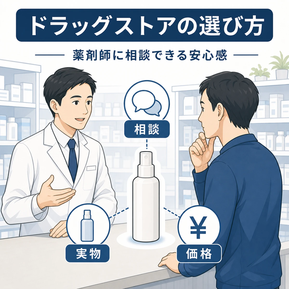 薬剤師に相談しながら育毛剤を選ぶドラッグストアの様子を描いた医療系イラスト
