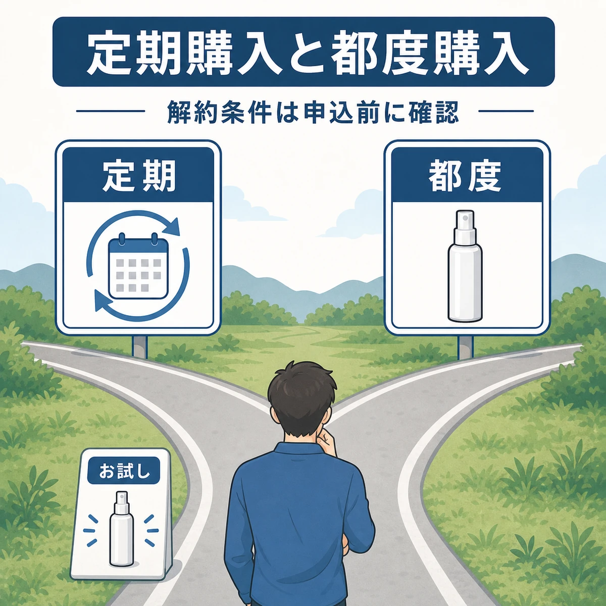 定期購入と都度購入という育毛剤の買い方を分かれ道で表した解説イラスト