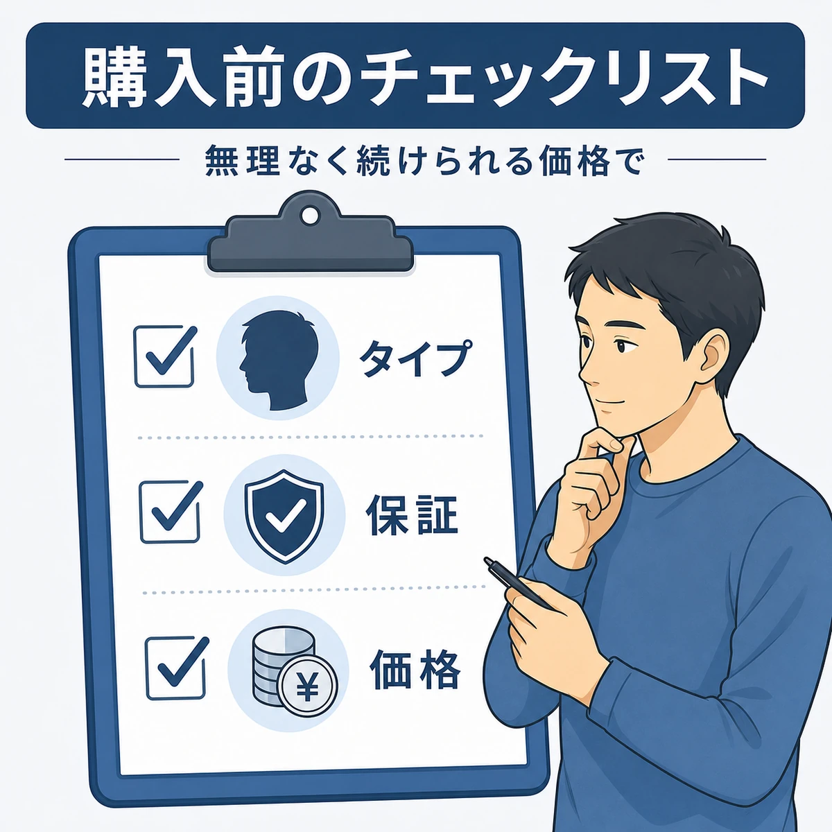 薄毛タイプや価格を確かめる育毛剤購入前のチェックリストのイラスト