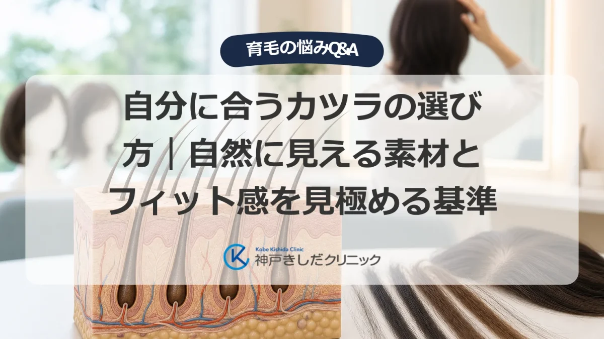 カツラの選び方を検討する男性と頭皮・毛髪の構造を示す医療イラスト