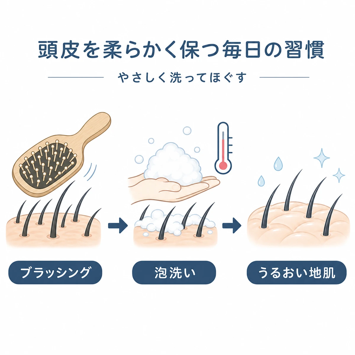 ブラッシングから泡洗いを経て頭皮を柔らかく保つ毎日のケアの流れを表した医療イラスト