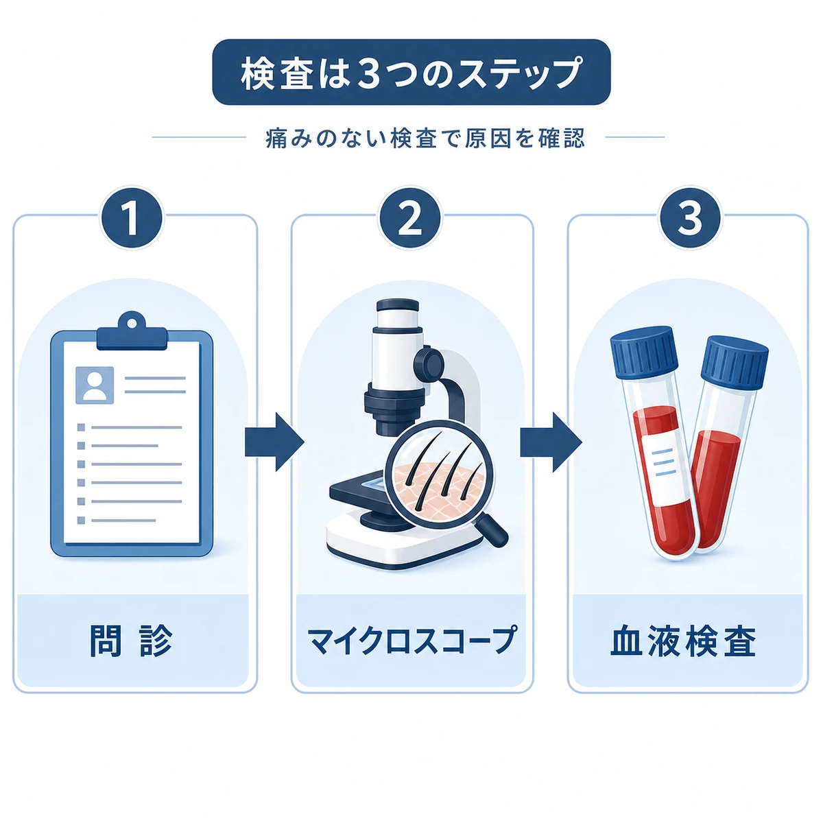 問診からマイクロスコープ検査、血液検査へと進む診断の流れを表した医療イラスト