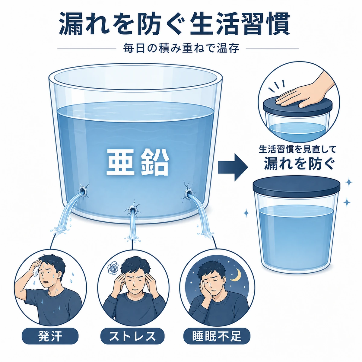 ストレスや発汗や睡眠不足で亜鉛が漏れ出すのを生活習慣の見直しで防ぐ様子を表した医療イラスト