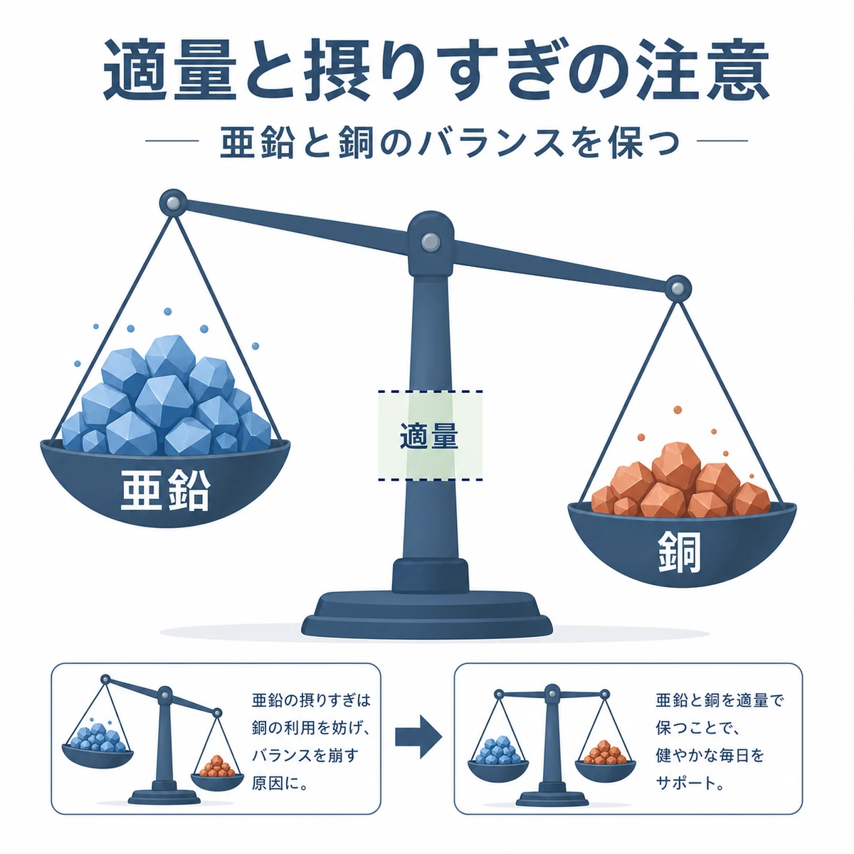 亜鉛の摂りすぎと銅のバランスや適量の考え方を表した医療イラスト