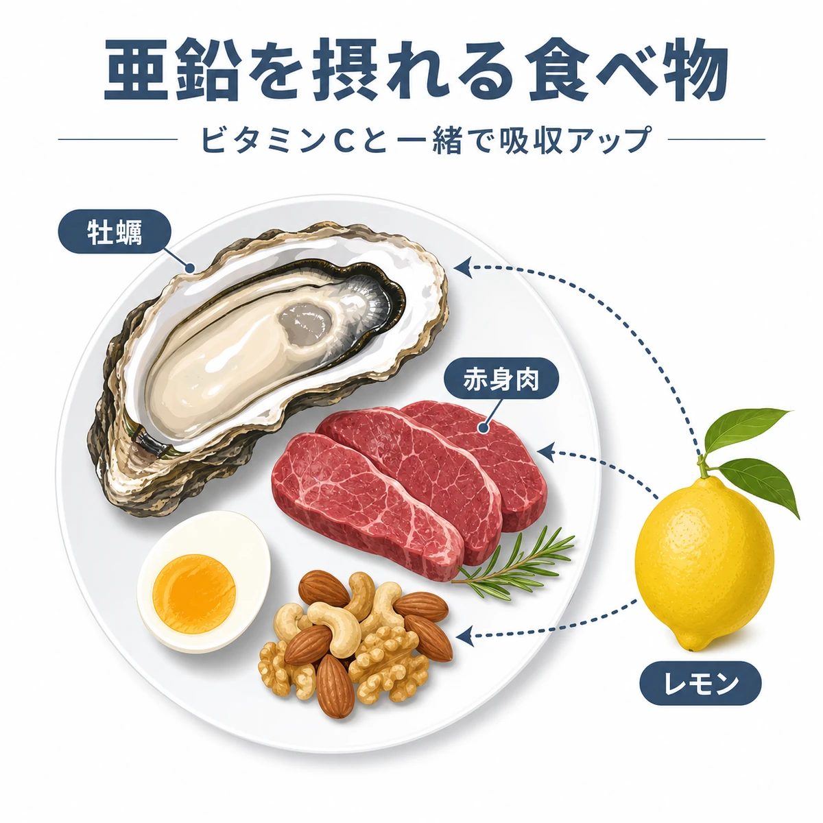 牡蠣や赤身肉やナッツなど亜鉛を多く含む食材とレモンの組み合わせを表した医療イラスト