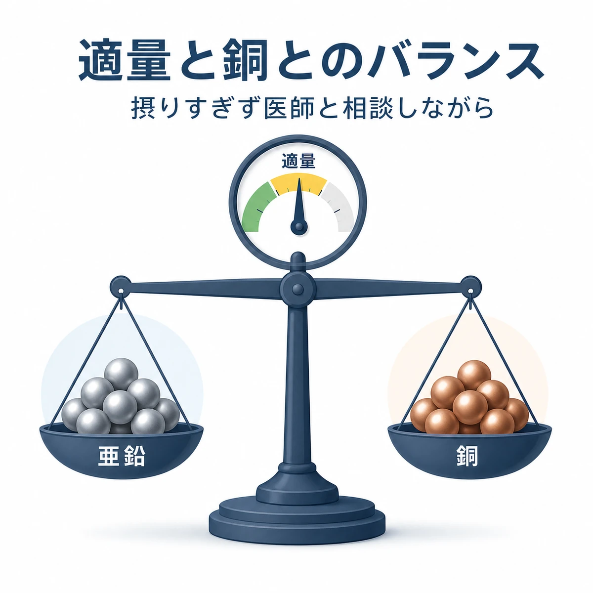 亜鉛サプリの適量と亜鉛と銅のバランスを天秤とメーターで表した医療イラスト