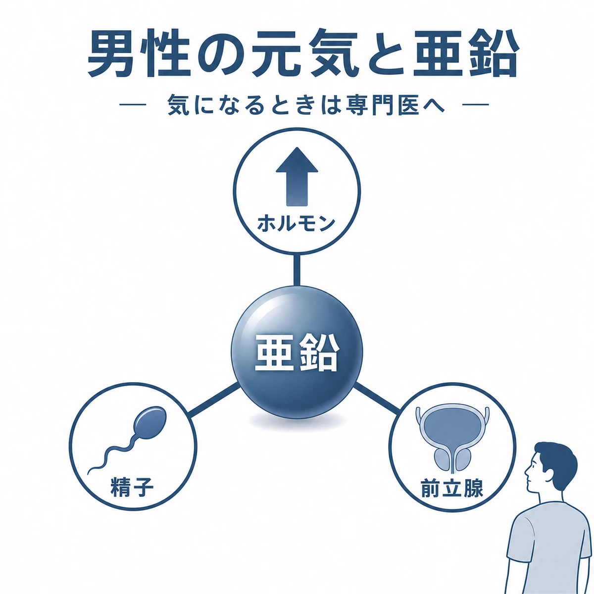 亜鉛が男性ホルモンや精子の形成、前立腺の健康に関わることを表した医療イラスト