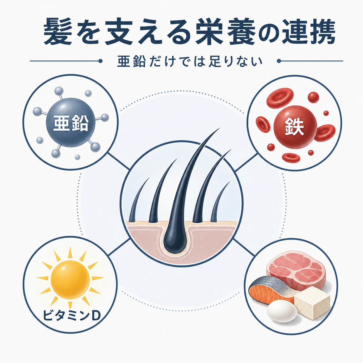 亜鉛と鉄やビタミンDなど複数の栄養素が連携して髪を支える様子を表した医療イラスト
