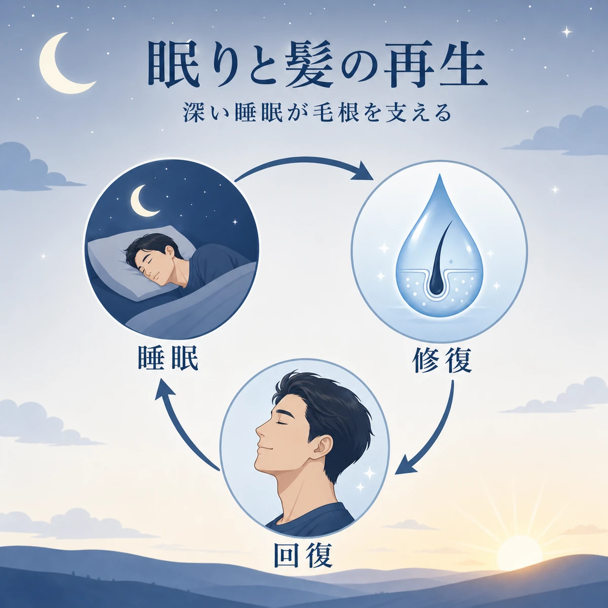 睡眠中に髪の修復と回復がめぐるサイクルを表した医療イラスト