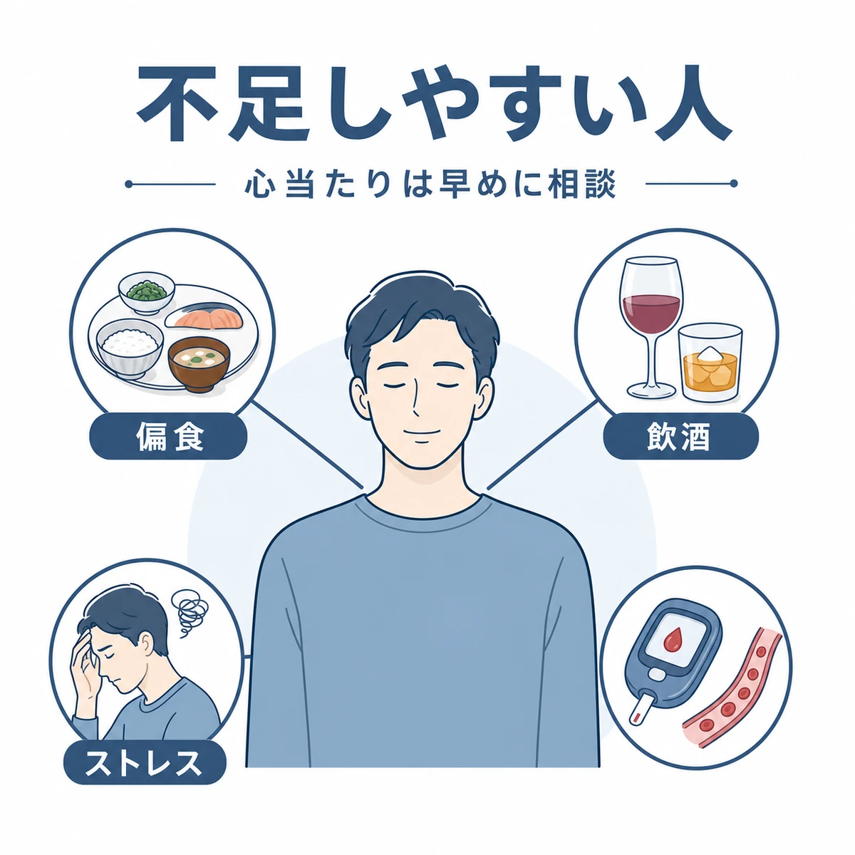 偏食や飲酒など亜鉛不足になりやすい生活習慣を放射状に表した医療イラスト