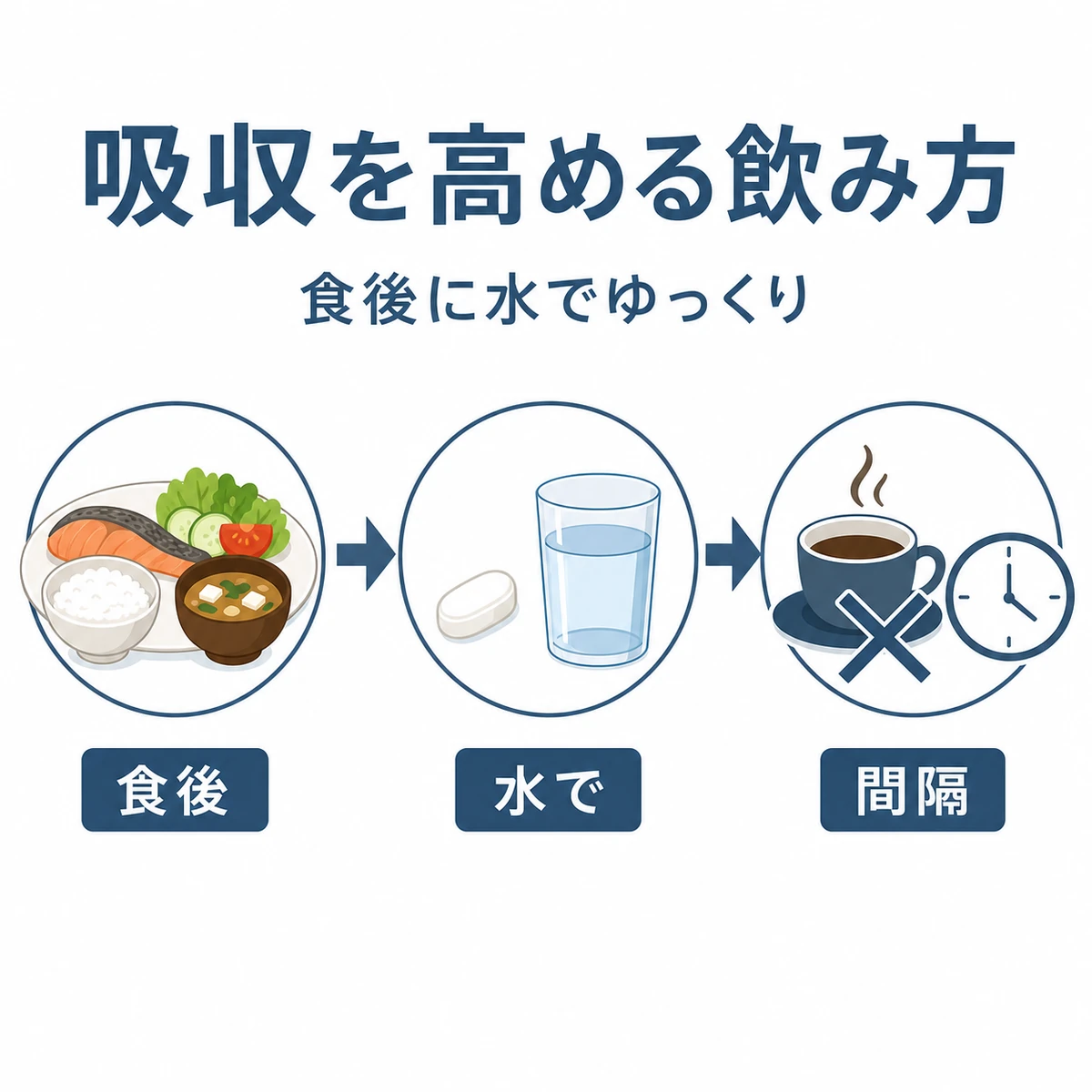 亜鉛サプリを食後に水で飲み吸収を高める飲み方の流れを表した医療イラスト