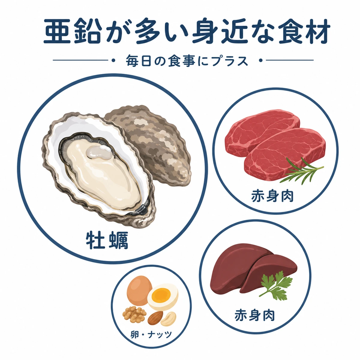 牡蠣や赤身肉など亜鉛が多い身近な食材を含有量の大小で表した医療イラスト