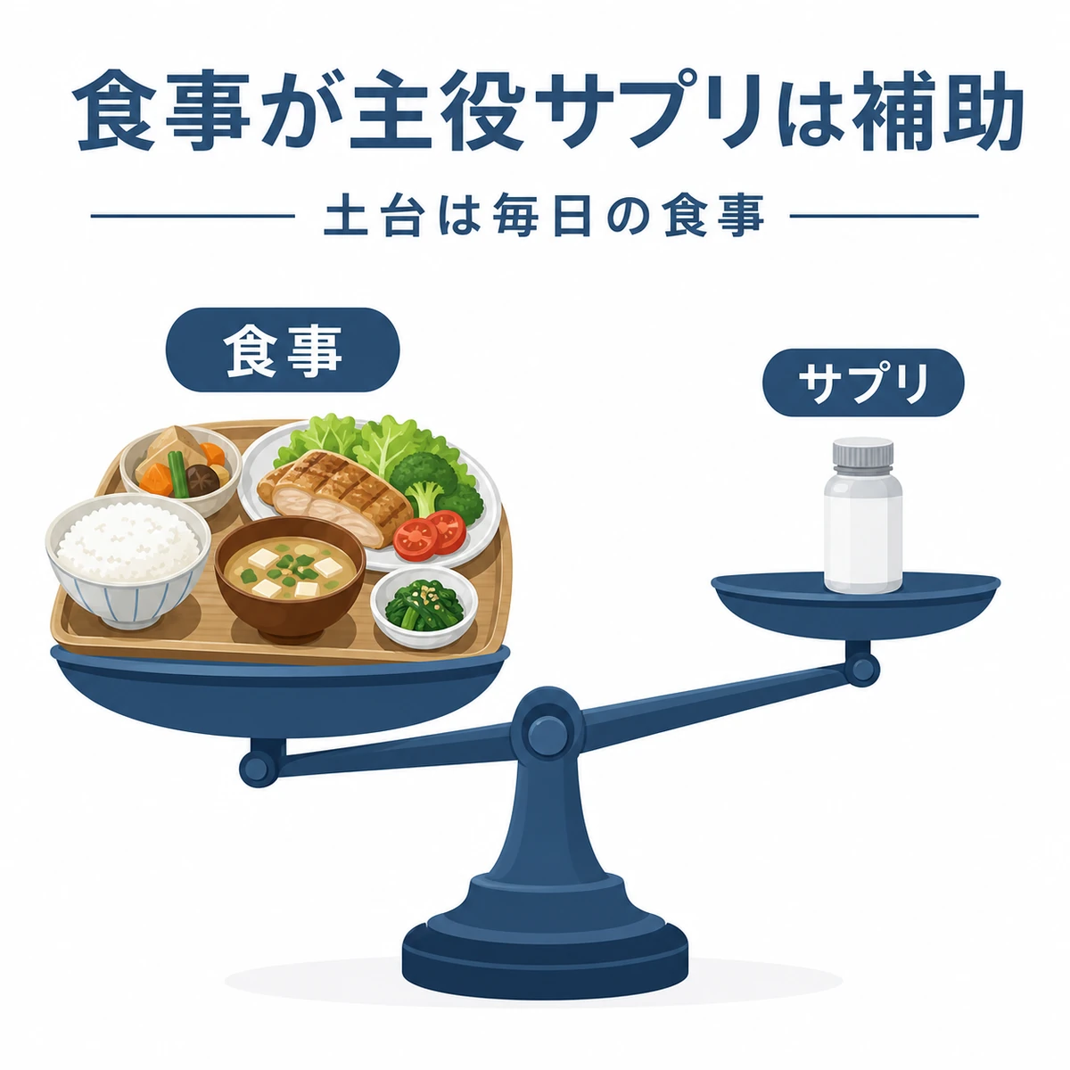 食事を主役にサプリを補助として位置づける育毛の考え方を天秤で表した医療イラスト