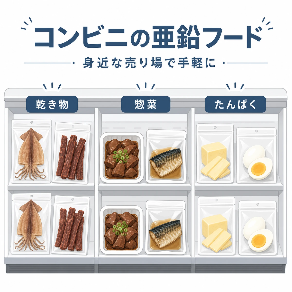 コンビニの3つの売り場に並ぶ亜鉛豊富な食品を分類した医療イラスト