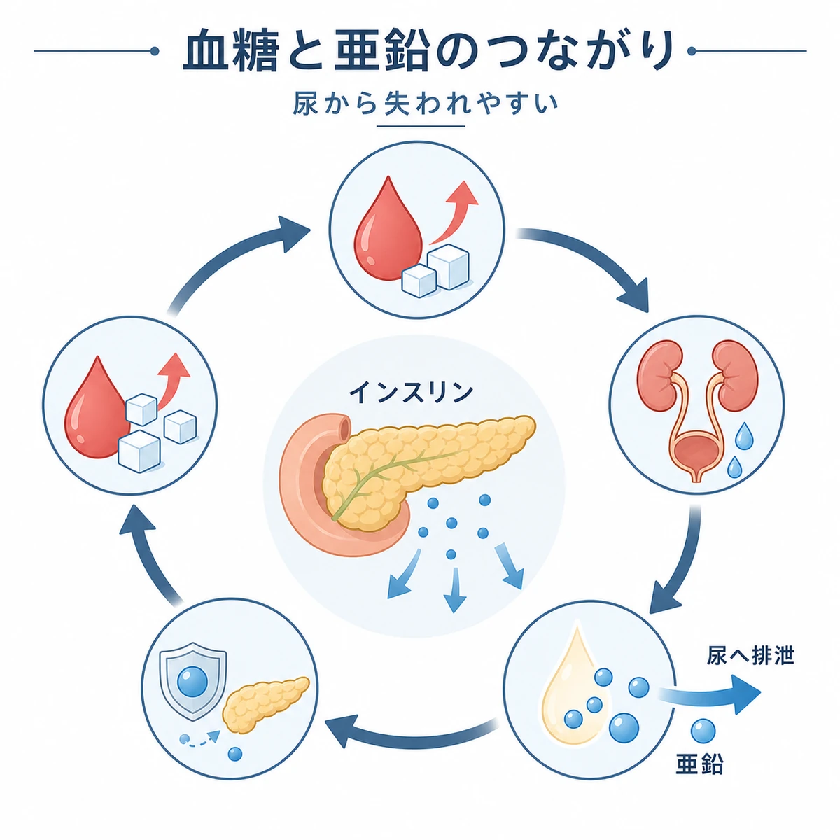 高血糖で亜鉛が尿から失われる悪循環を円環で表した医療イラスト