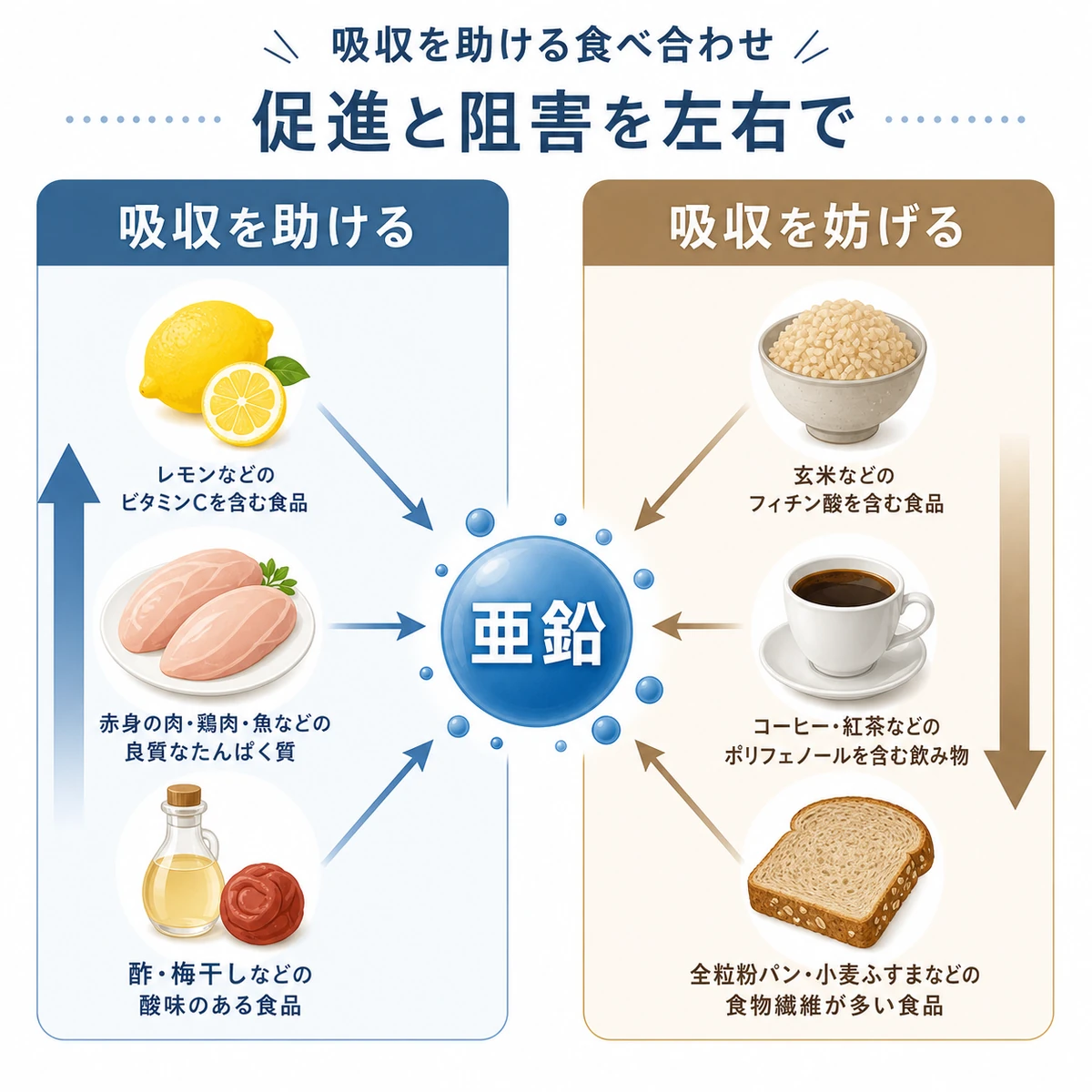 亜鉛の吸収を助ける食材と妨げる食材を左右で対比した医療イラスト
