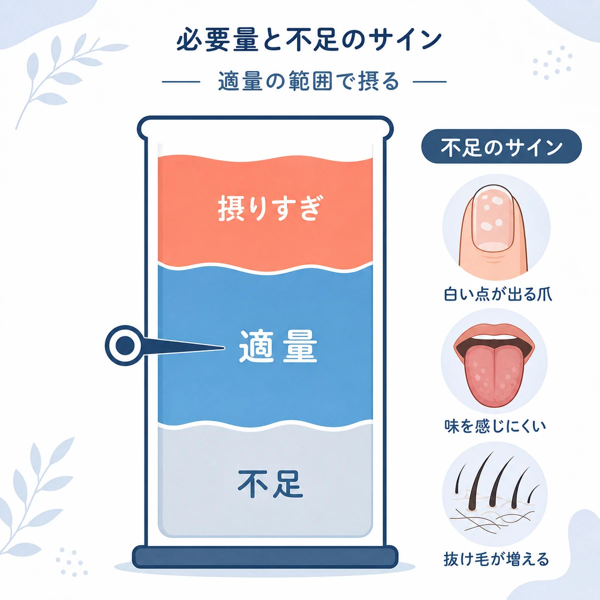 亜鉛の適量ゾーンと不足のサインをメーターで表した医療イラスト
