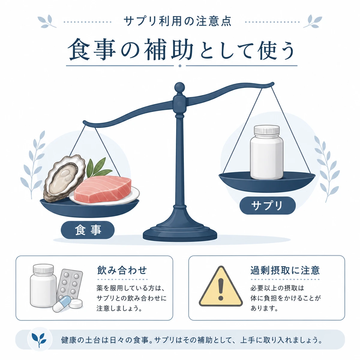 食事とサプリメントを天秤で比べサプリは補助と示した医療イラスト