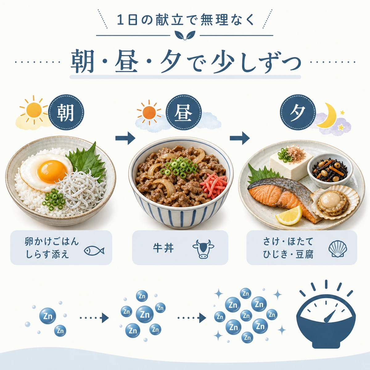 朝昼夕の献立で亜鉛を少しずつ積み上げる食事例を表した医療イラスト