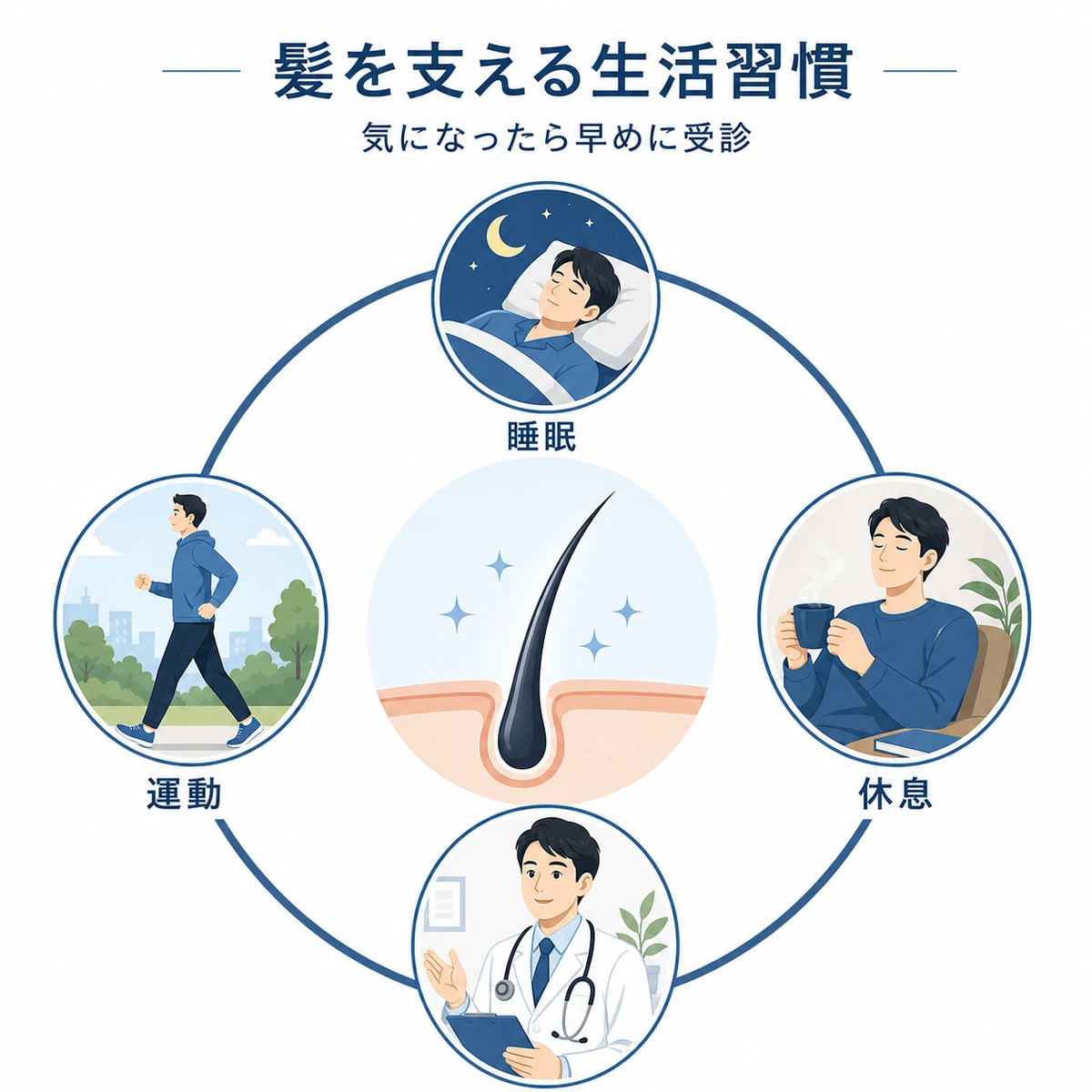 睡眠や運動など髪を支える生活習慣が頭皮を取り囲む様子を表した医療イラスト