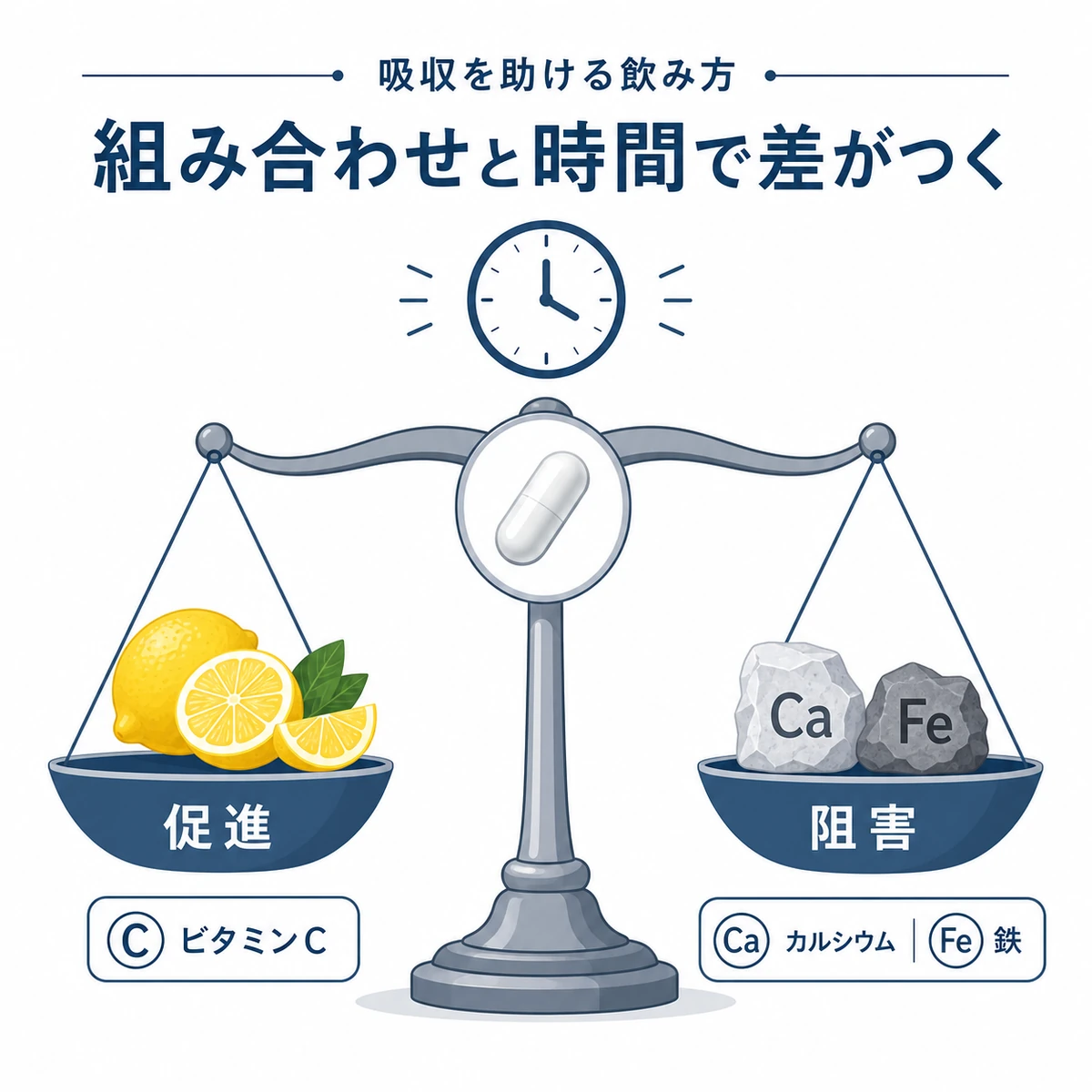 亜鉛の吸収を助ける成分と妨げる成分を天秤で対比した医療イラスト