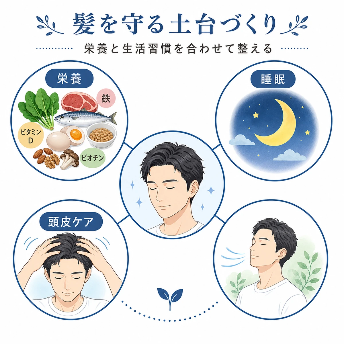 髪を守るための栄養と睡眠と頭皮ケアを中心から放射状に示した医療イラスト