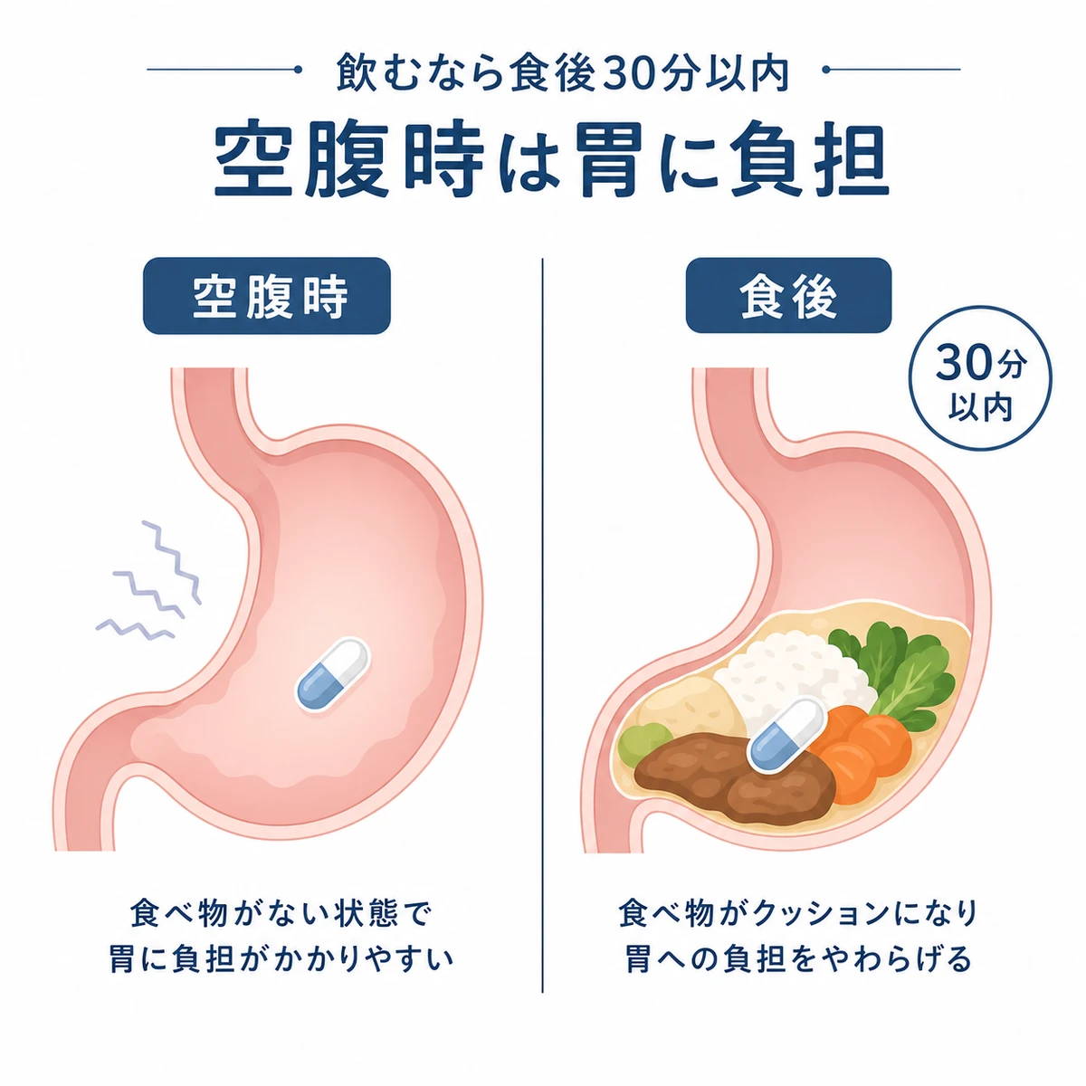 空腹時と食後で亜鉛サプリが胃にかける負担の違いを左右で比べた医療イラスト
