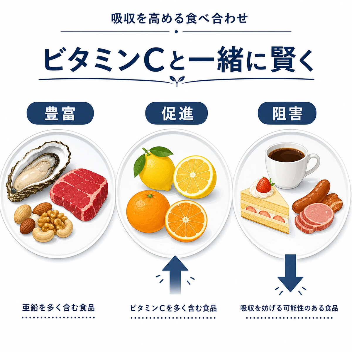 亜鉛が豊富な食材と吸収を促す食品や妨げる食品を分類した医療イラスト