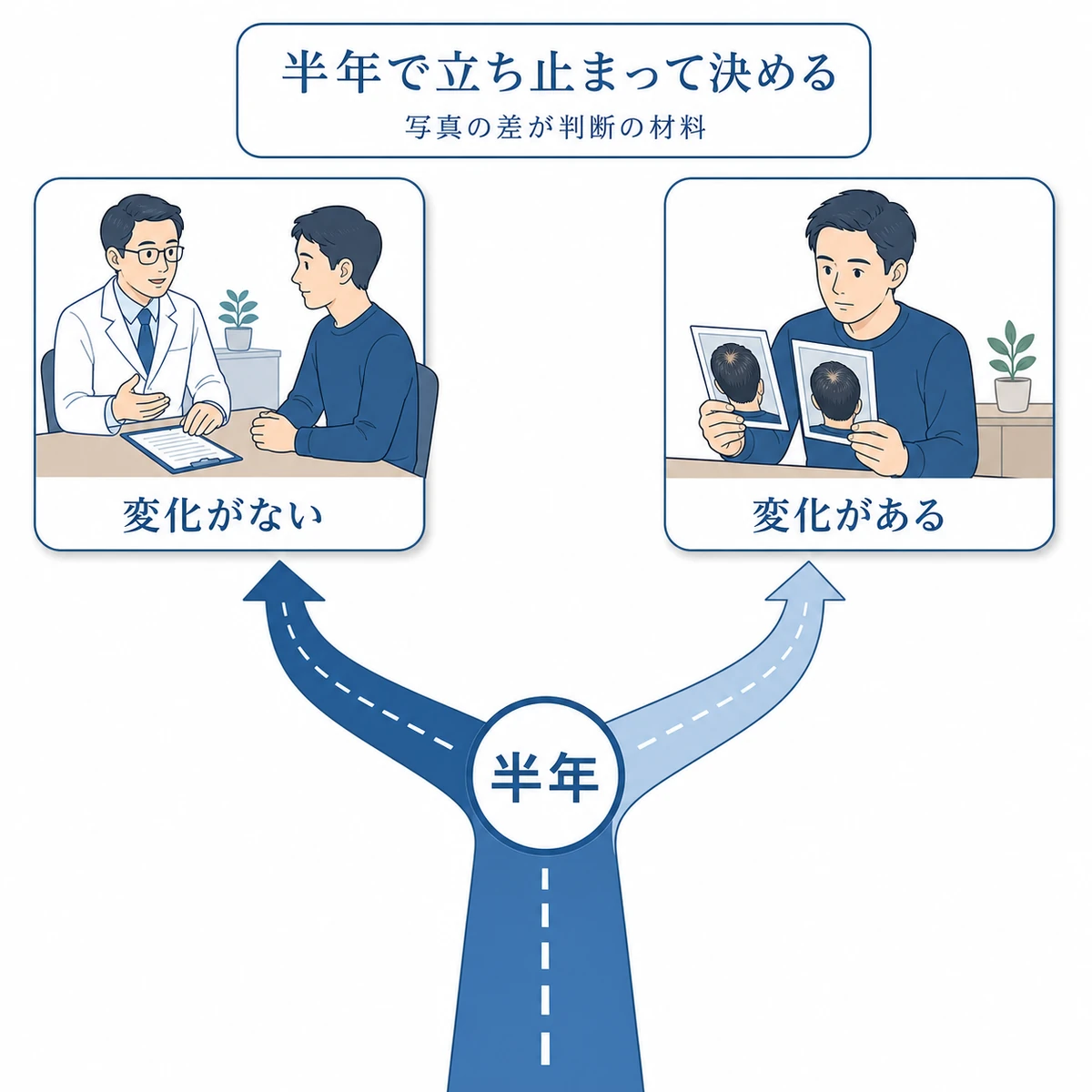 半年を区切りに写真の差で続けるか専門医に相談するかを分ける判断の流れを表した図解