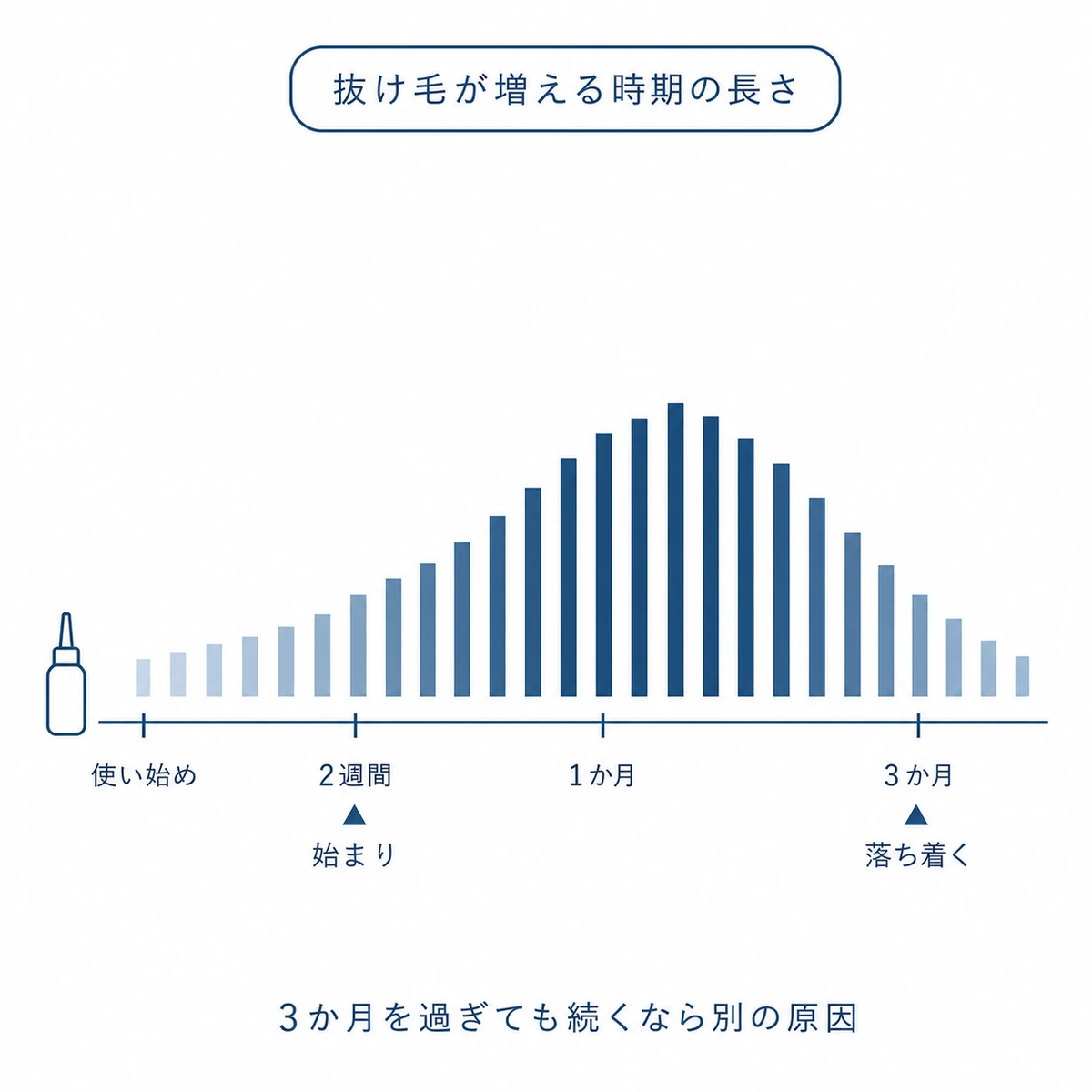 育毛剤の初期脱毛が2週間から1か月ごろに始まり3か月ほどで落ち着くまでの抜け毛の量の推移を時間軸で表した図解