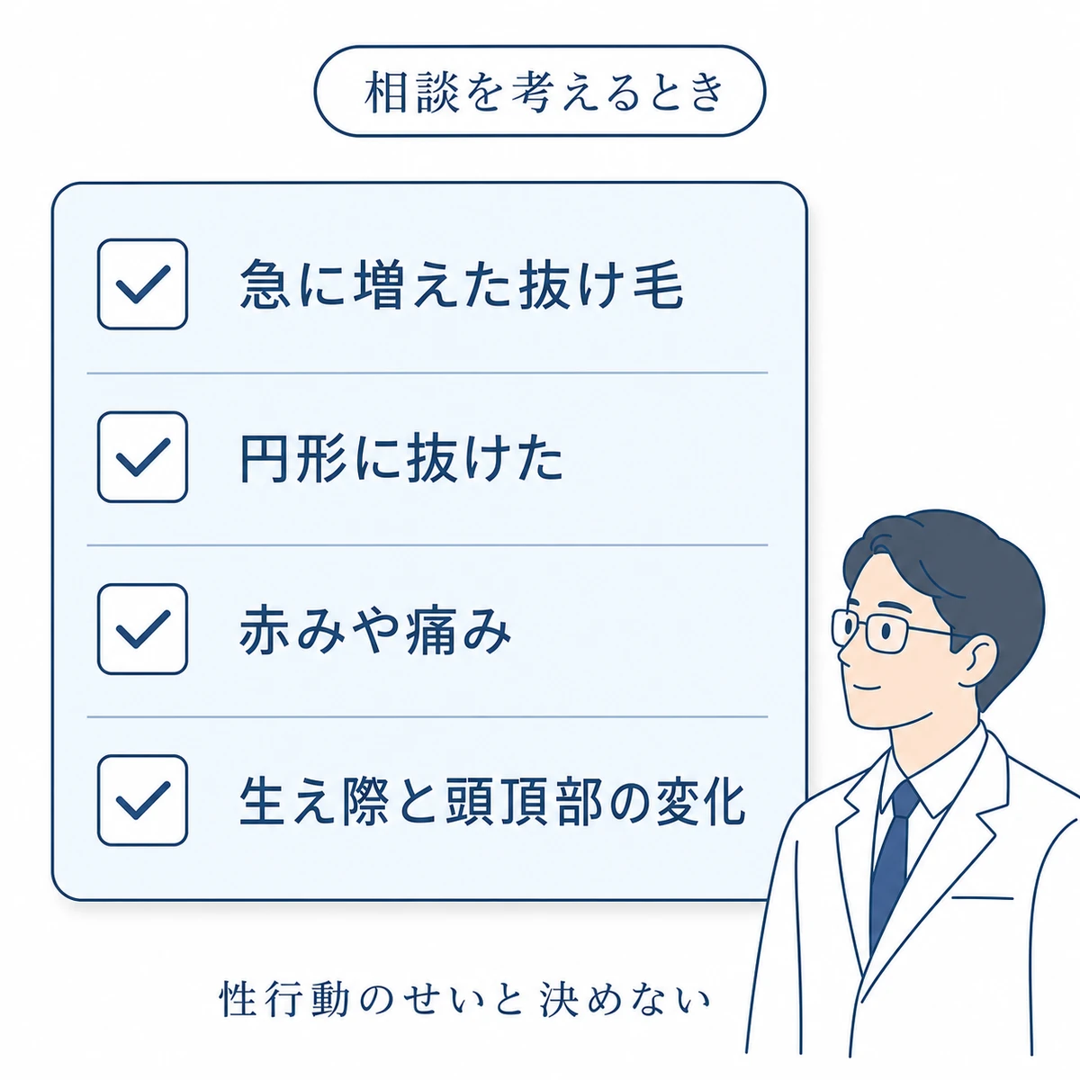 抜け毛の急な増加や円形脱毛、頭皮症状など受診を考える目安を医師とチェックリストでまとめた図