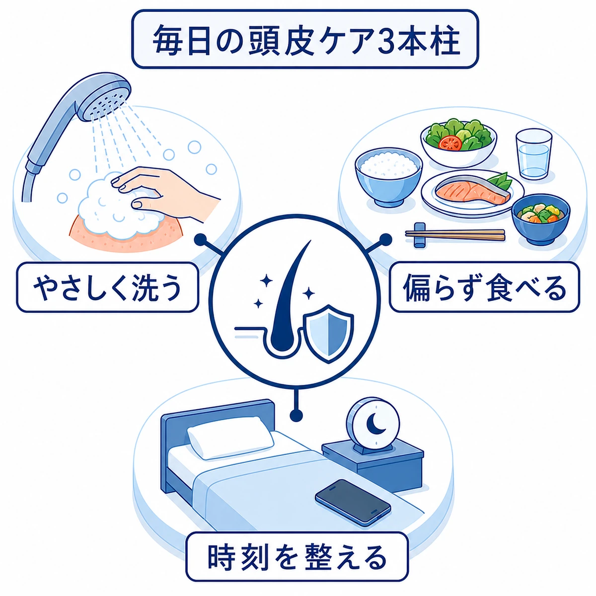 高校生の頭皮環境を整える洗髪と食事と睡眠の3つの生活場面を配置した図解