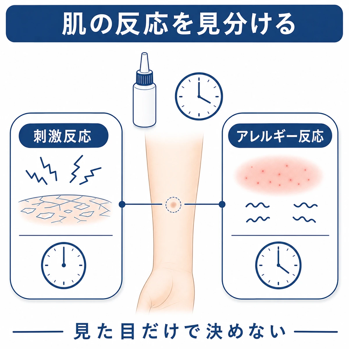 育毛剤のパッチテストで刺激反応とアレルギー反応を時刻と広がりから確認する比較図