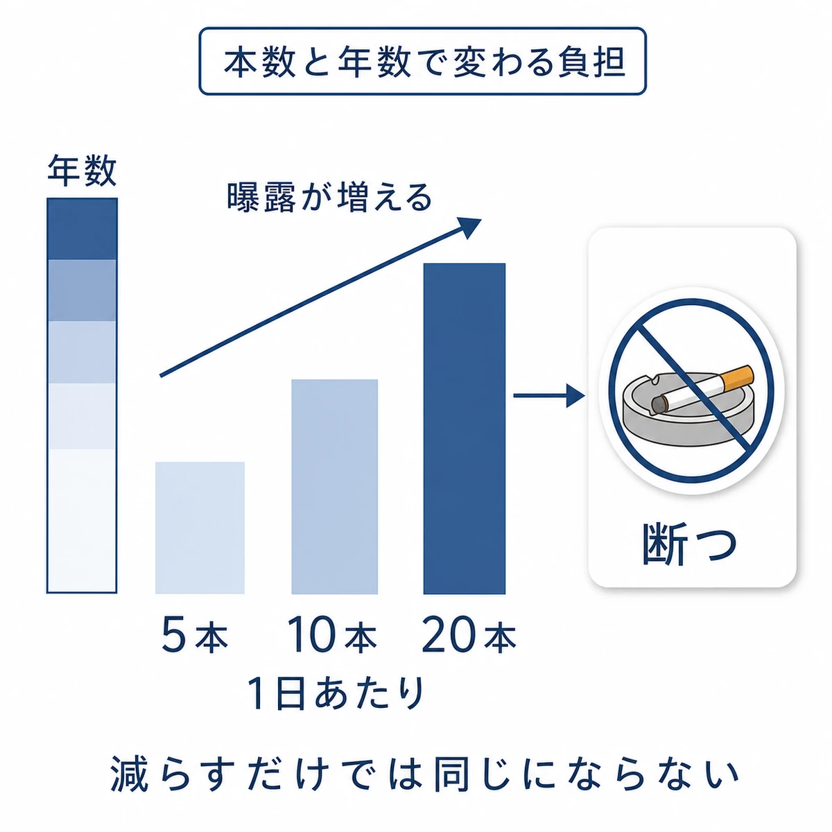 1日の喫煙本数と喫煙年数に応じて曝露が増える傾向と禁煙の選択肢を描いた図