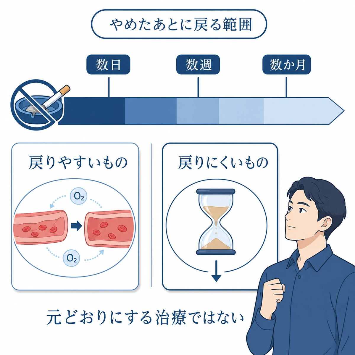 禁煙後の時間経過に沿って戻りやすい血流の負担と戻りにくい変化を分けた図