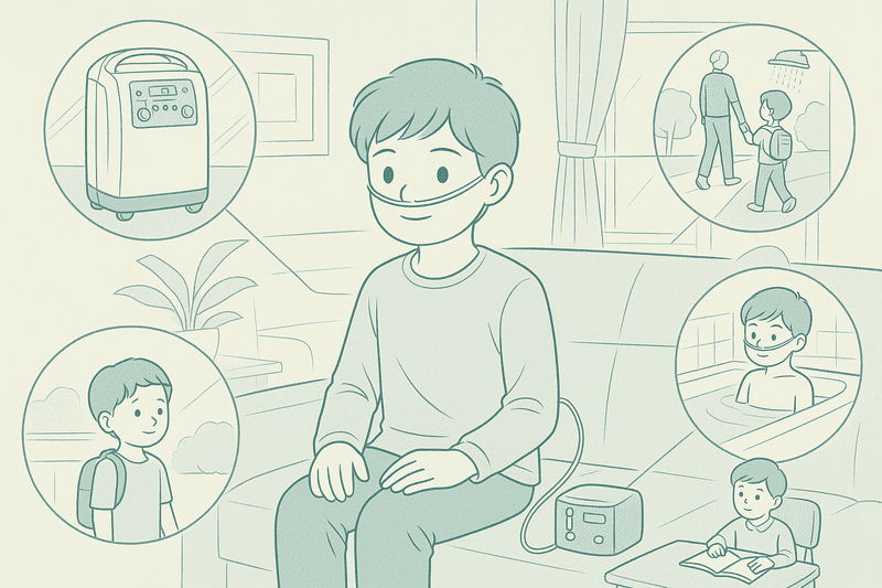 子どもの在宅酸素療法（HOT）が始まるご家族へ。小児用酸素濃縮器の使い方、外出・お風呂・学校生活のポイント