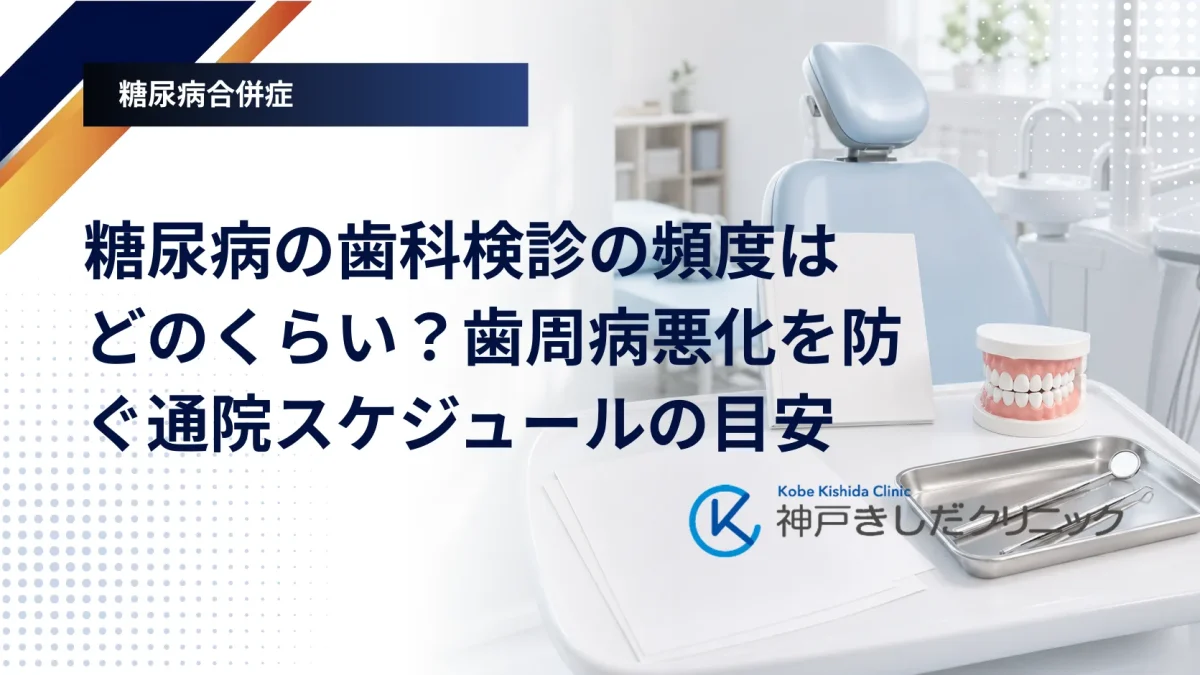 歯科医院の診療台で歯ぐきの検査を受ける人と、歯と歯ぐきの断面を示した医療イラスト