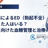 血糖値の折れ線グラフと歩く男性の後ろ姿を並べ、糖尿病のEDと血糖管理のつながりを示したイメージ