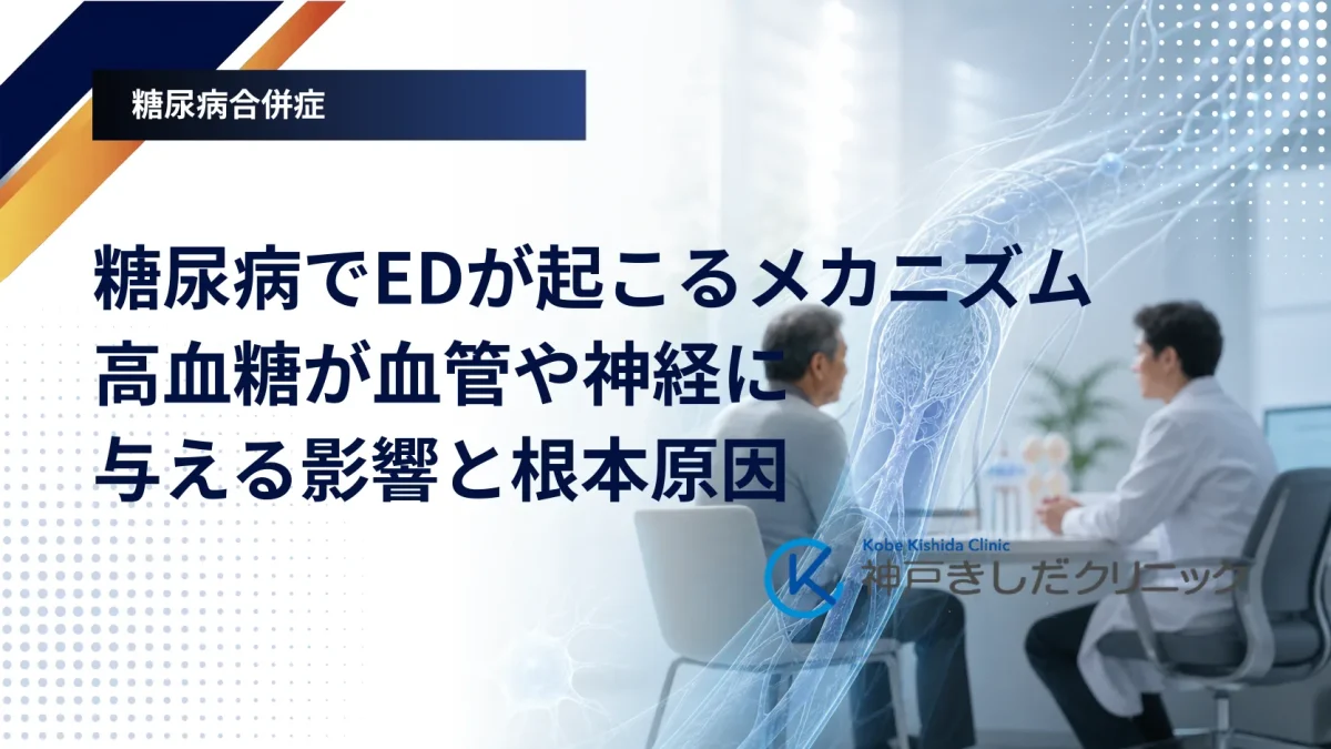 血管の断面と神経の走行を重ねた医療グラフィックと、診察室で医師に相談する中年男性のシルエット