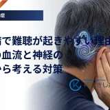 聞こえにくさを感じる中高年の人物と、内耳の蝸牛と細い血管をイメージした医療グラフィック