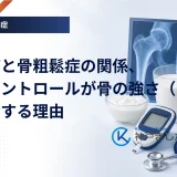 骨密度検査の画像と血糖測定器を並べ、糖尿病と骨の強さのつながりを示したイメージ