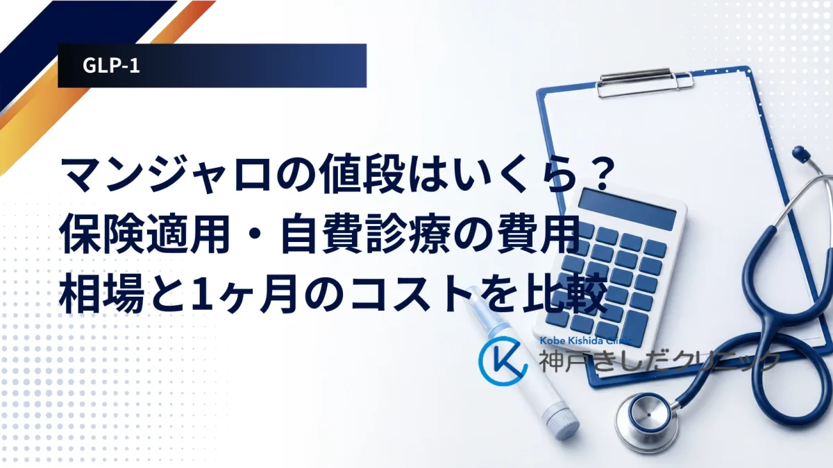 電卓と処方箋、注射ペンを並べ、マンジャロの費用の内訳を考える場面を示したイメージ