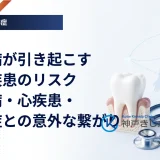 歯の模型と心臓や脳を示す医療イメージを並べ、歯周病と全身疾患のつながりを表した画像