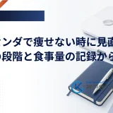 ペン型の注射デバイスと記録ノート、体重計を並べ、サクセンダの効き方を診察で見直す場面を示したイメージ