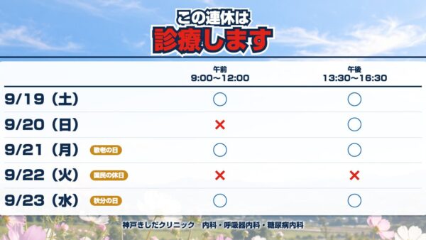 【重要】シルバーウィーク 臨時診療のお知らせ（9月20日、21日、23日）