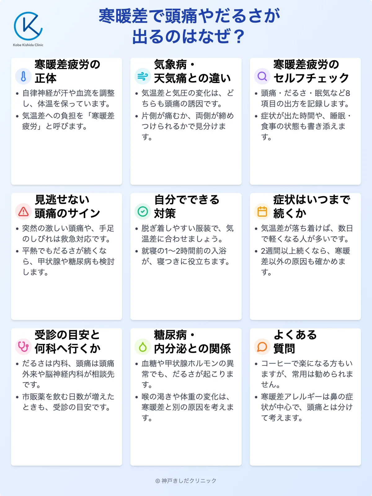 今日のまとめ|寒暖差で頭痛やだるさが出るのはなぜ?