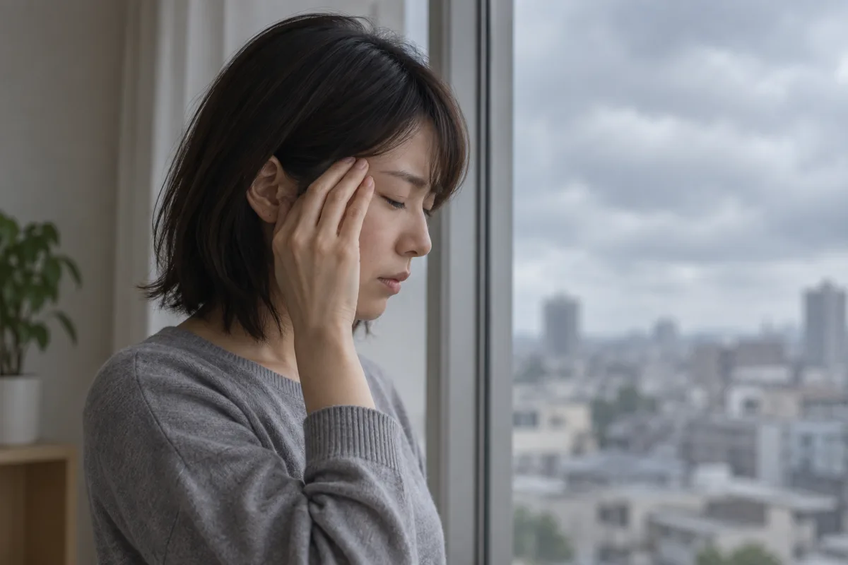 雨の前にこめかみを押さえる人と、窓の外の曇り空